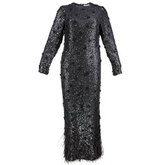 Retro 80s Bill Blass Sequin Sheath Style  Gown with Ostrich Feathers