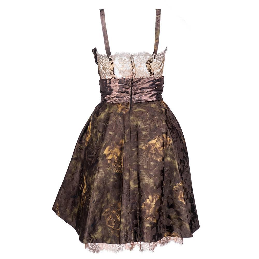 Brown 90s Christian Lacroix Silk Jacquard & Lamé Lace Party Dress For Sale