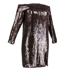 1980s John Anthony Brown Sequined Off-Shoulder Evening Dress