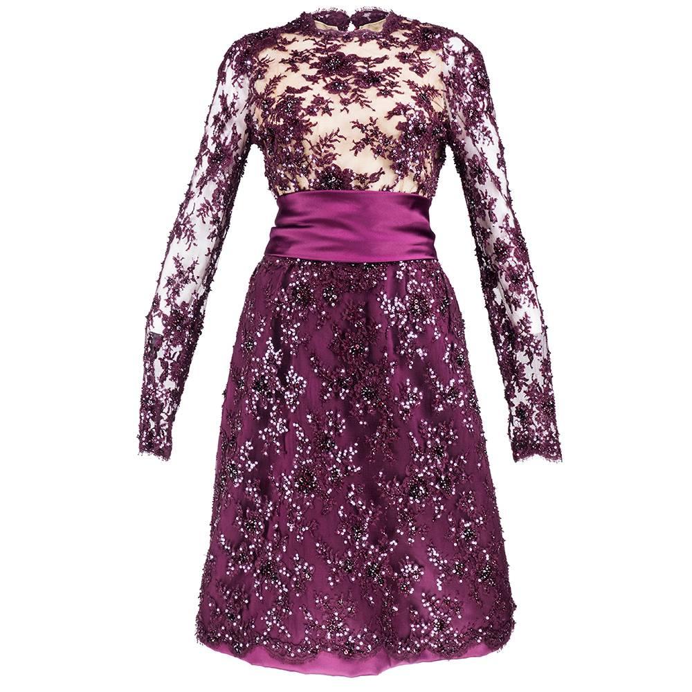 90s John Anthony Burgundy Floral Lace Cocktail Dress with Rhinestone Details For Sale