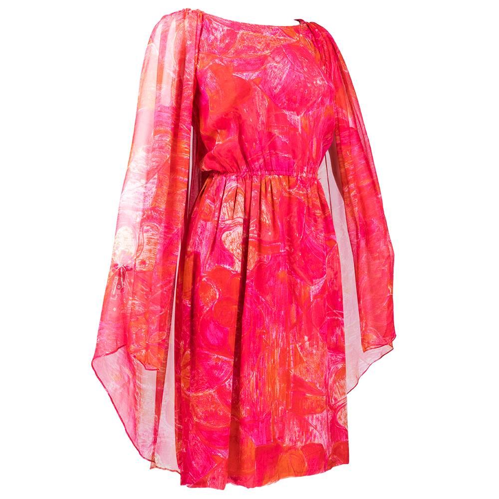 Red 60s Pierre Cardin Tropical Floral Silk Dress with Attached  Cape For Sale