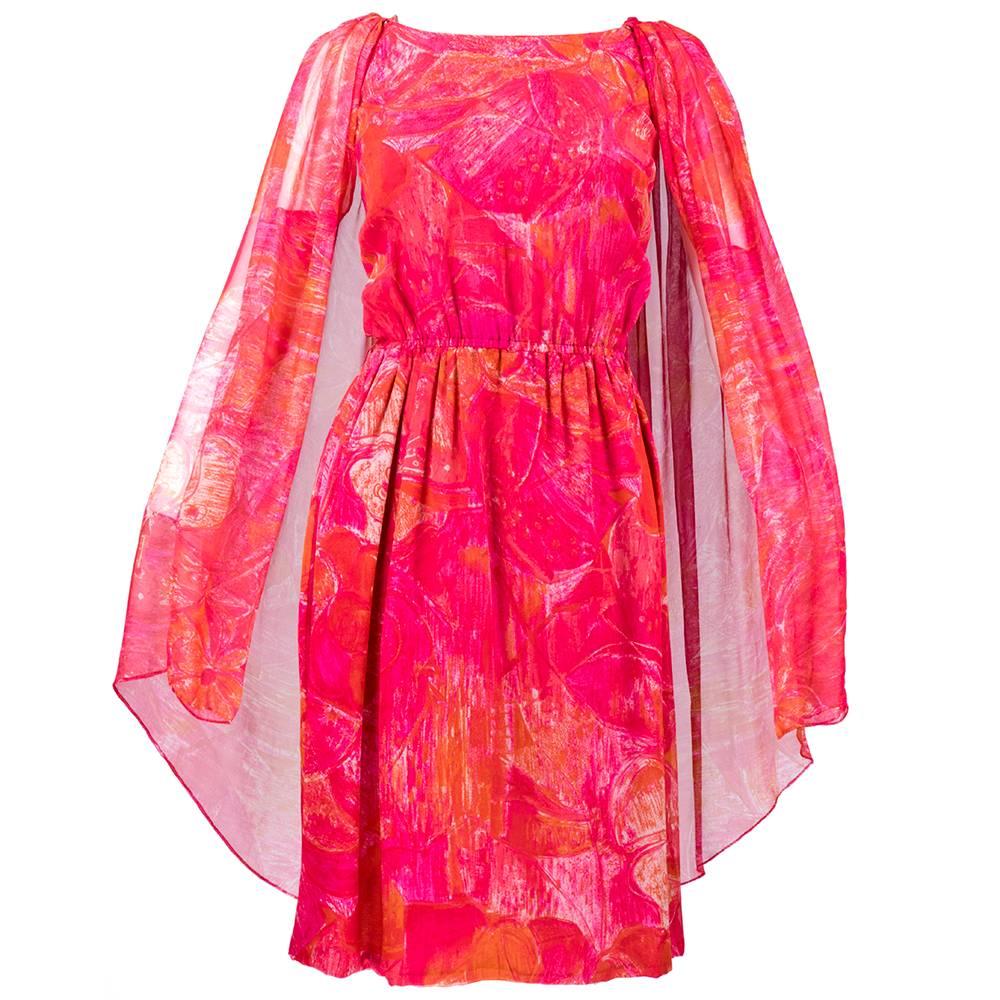 60s Pierre Cardin Tropical Floral Silk Dress with Attached  Cape For Sale