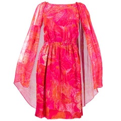 Retro 60s Pierre Cardin Tropical Floral Silk Dress with Attached  Cape