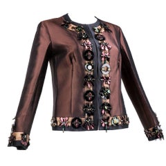 Prada Chocolate Brown Silk Wool Evening Jacket with Paillettes and Rhinestones