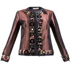 Prada Chocolate Brown Silk Wool Evening Jacket with Paillettes and Rhinestones