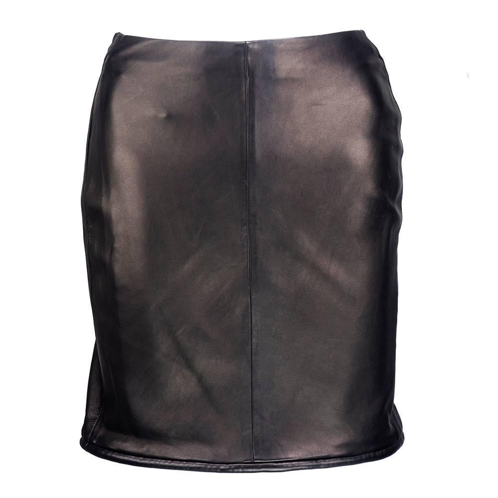 Versace Black Leather Skirt Suit, 1990s For Sale 3