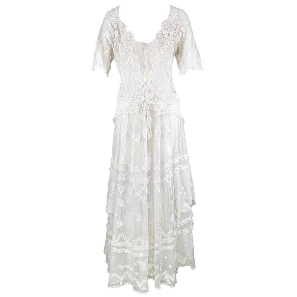 Gray White Edwardian Style  Dress Made with Antique Textiles For Sale