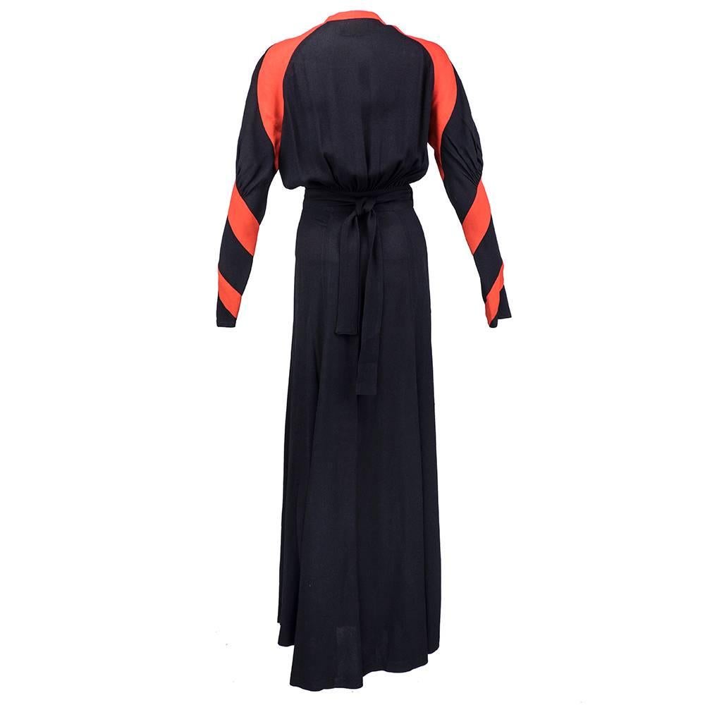 70s Ossie Clark Black and Red Moss Crepe Maxi Dress In Excellent Condition For Sale In Los Angeles, CA