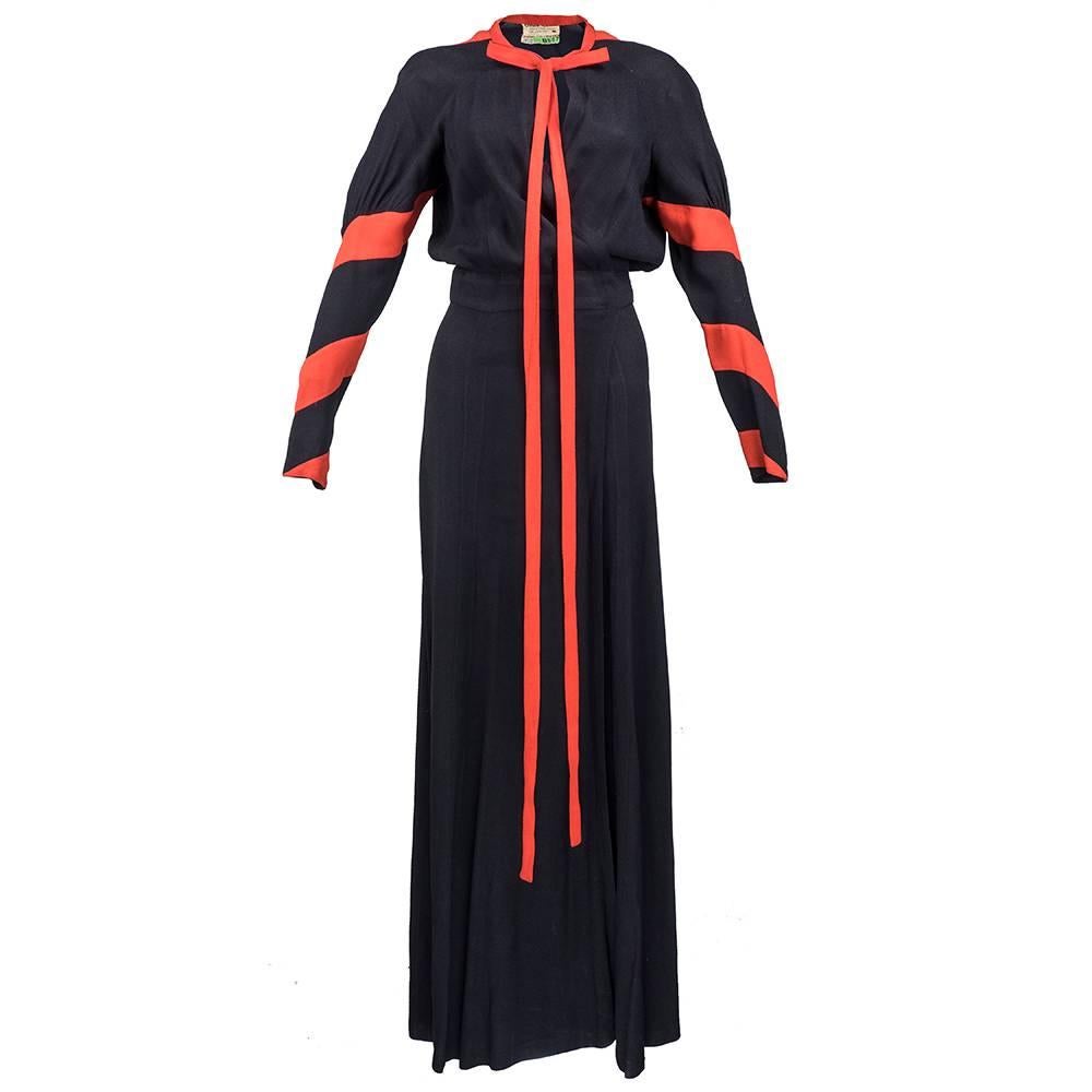 70s Ossie Clark Black and Red Moss Crepe Maxi Dress For Sale