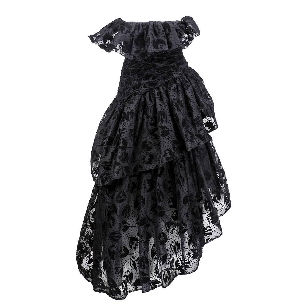 80s Arnold Scaasi Black Flocked Strapless Ball Gown  In Excellent Condition For Sale In Los Angeles, CA