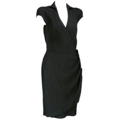 90s Mugler Black Wrap Crepe Dress