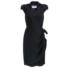 90s Mugler Black Wrap Crepe Dress 