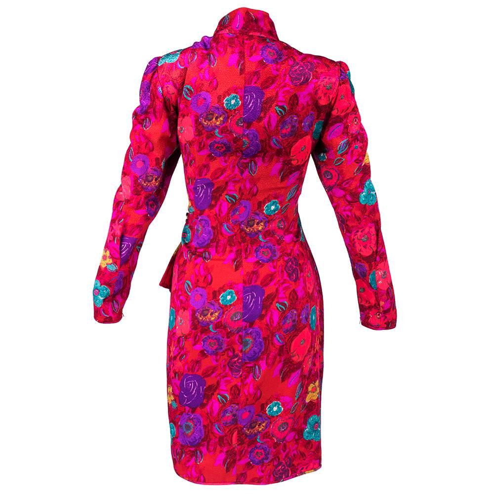 80s Ungaro Fuschia and RedFloral Jacquard Cocktail Dress In Excellent Condition For Sale In Los Angeles, CA