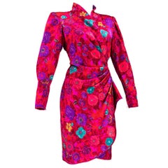 80s Ungaro Fuschia and RedFloral Jacquard Cocktail Dress