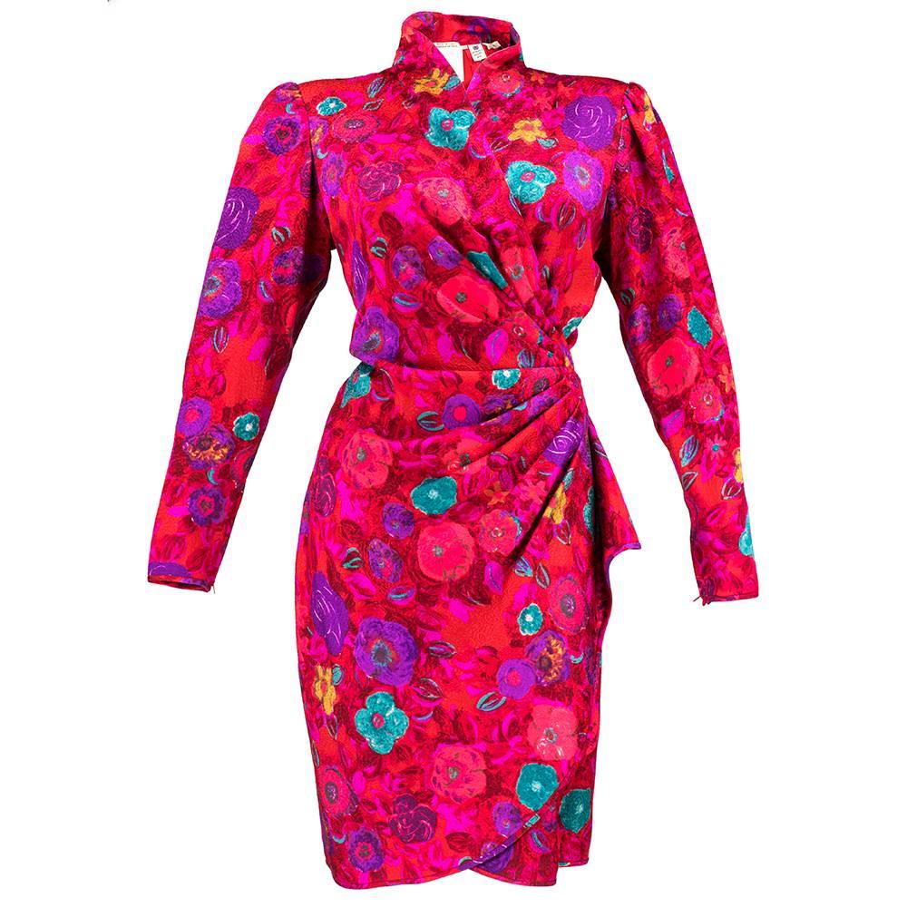 80s Ungaro Fuschia and RedFloral Jacquard Cocktail Dress For Sale