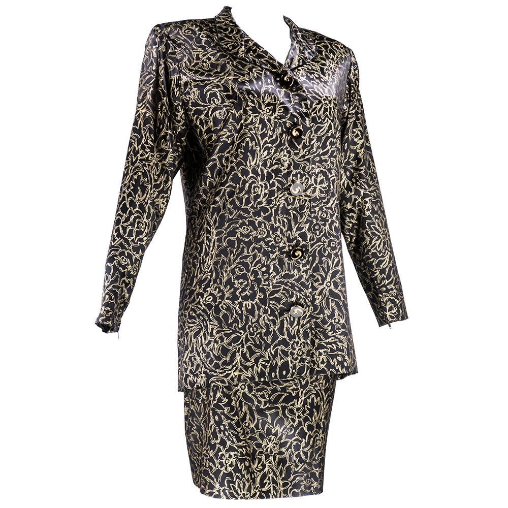 Yves Saint Laurent Couture Suit in Black and Gold Silk Satin, 1980s For Sale