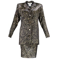 Yves Saint Laurent Couture Suit in Black and Gold Silk Satin, 1980s