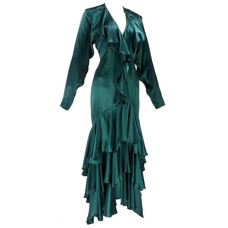 80s Norma Kamali Green Satin Gown For Sale at 1stDibs