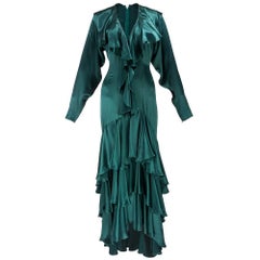 80s Norma Kamali Green Satin Gown For Sale at 1stDibs