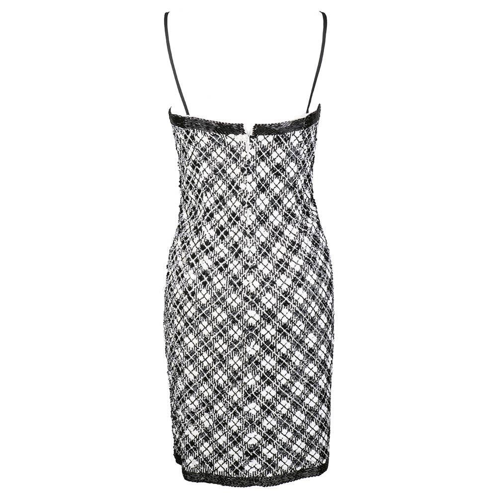 Gray 90s Bill Blass Black and White Embellished Plaid Cocktail Dress For Sale
