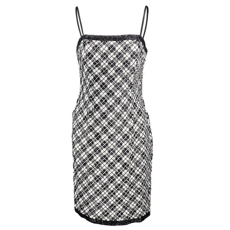 90s Bill Blass Black and White Embellished Plaid Cocktail Dress For ...