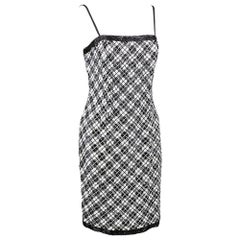 90s Bill Blass Black and White Embellished Plaid Cocktail Dress