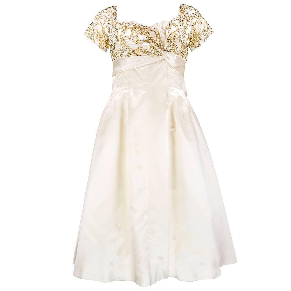 Ceil Chapman Ivory Satin Cocktail Dress, 1950s For Sale