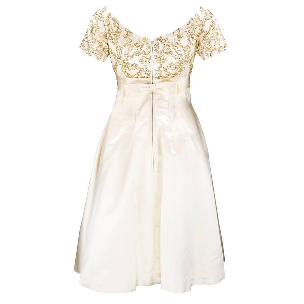 Beige Ceil Chapman Ivory Satin Cocktail Dress, 1950s For Sale