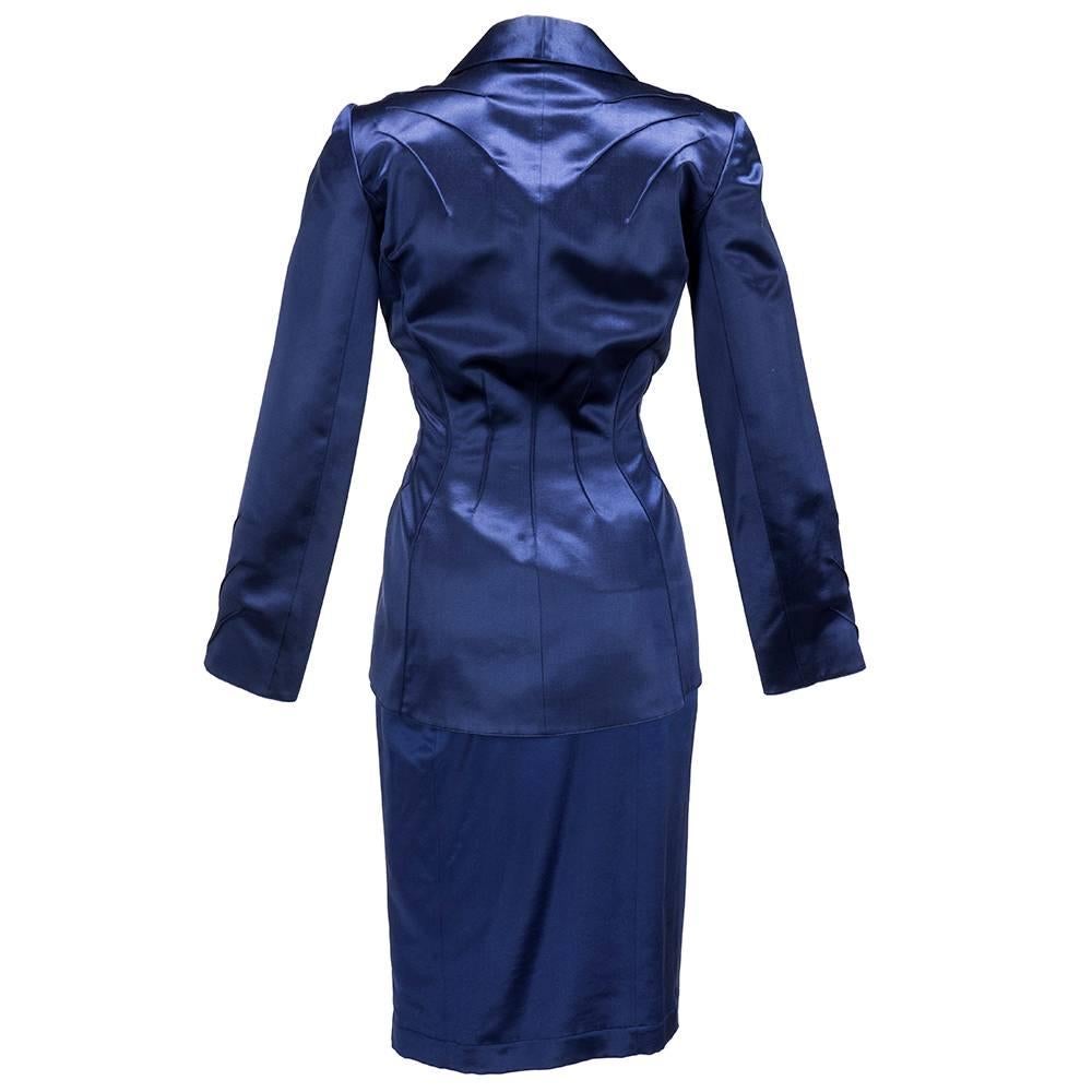 90s Thierry Mugler Midnight Blue Satin Suit In Excellent Condition For Sale In Los Angeles, CA