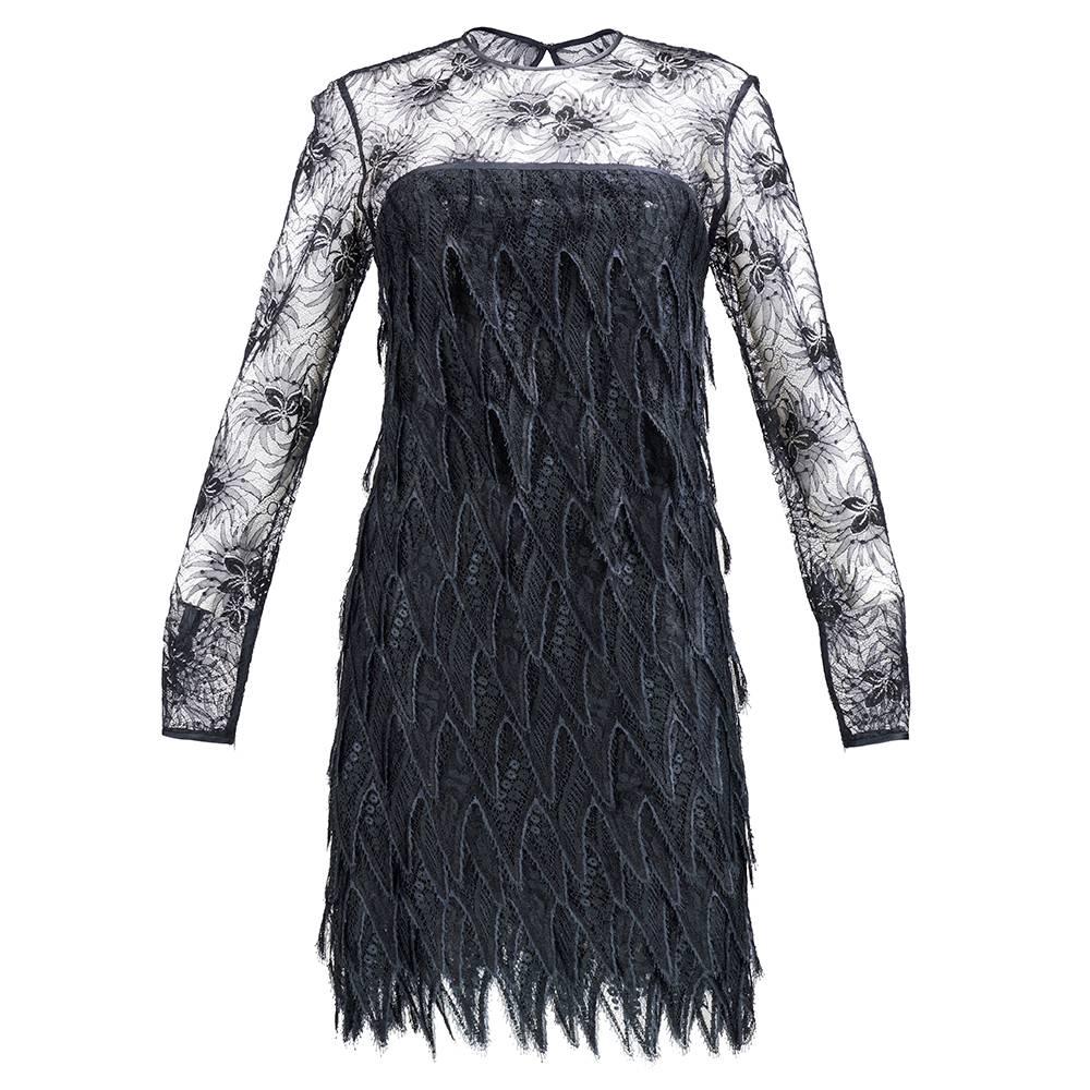 80s Galanos Black Lace Tiered Cocktail Dress For Sale