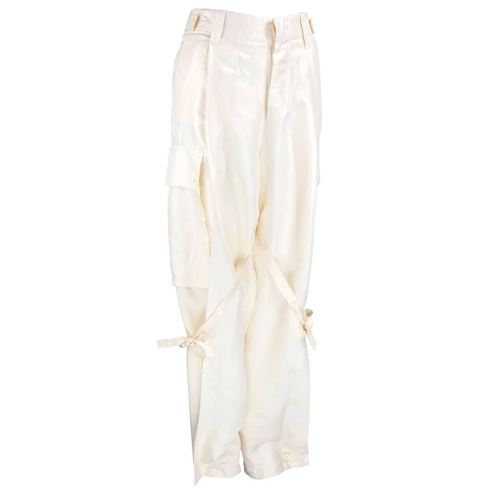 Making a comeback - cargo pants! These by Tom Ford during his tenure at Gucci.  Ivory silk with wrap around ties at leg and adjustable cuffs.  Lightweight and unlined. Super chic!  New/old stock.