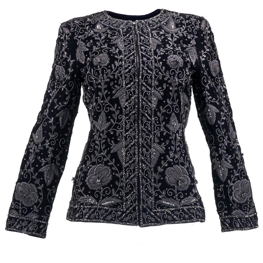 80s de la Renta (Attributed) Black Heavily Embellished Velvet Evening Jacket For Sale