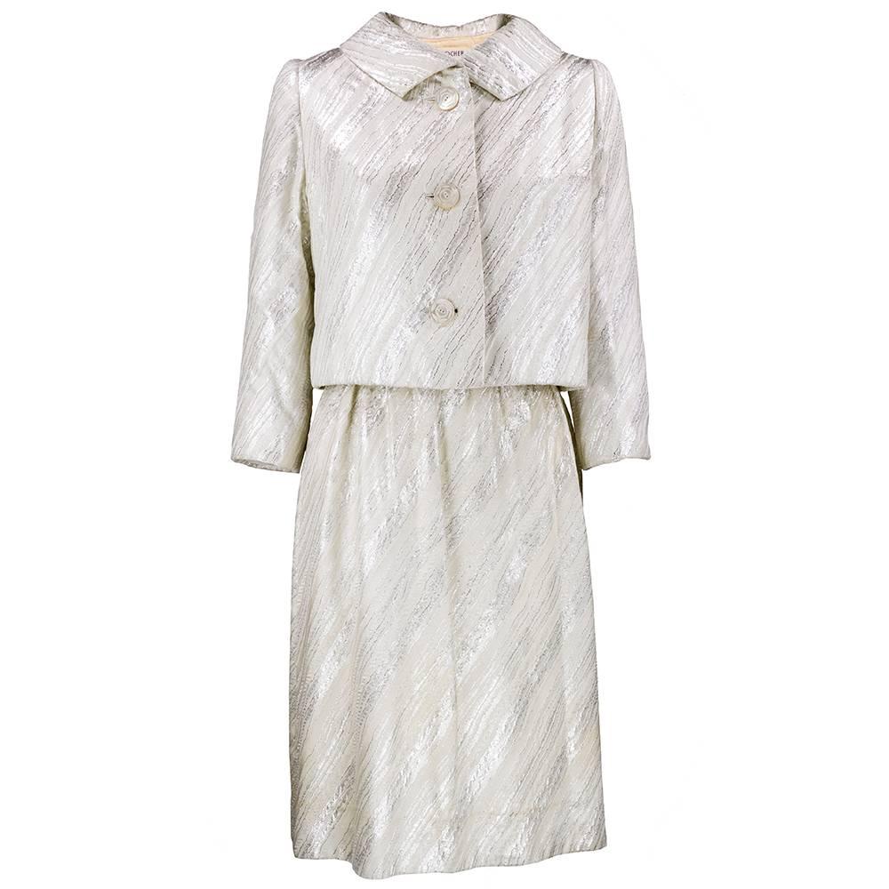 Mainbocher 1960s Silver Lamé Brocade Dress with Jacket For Sale