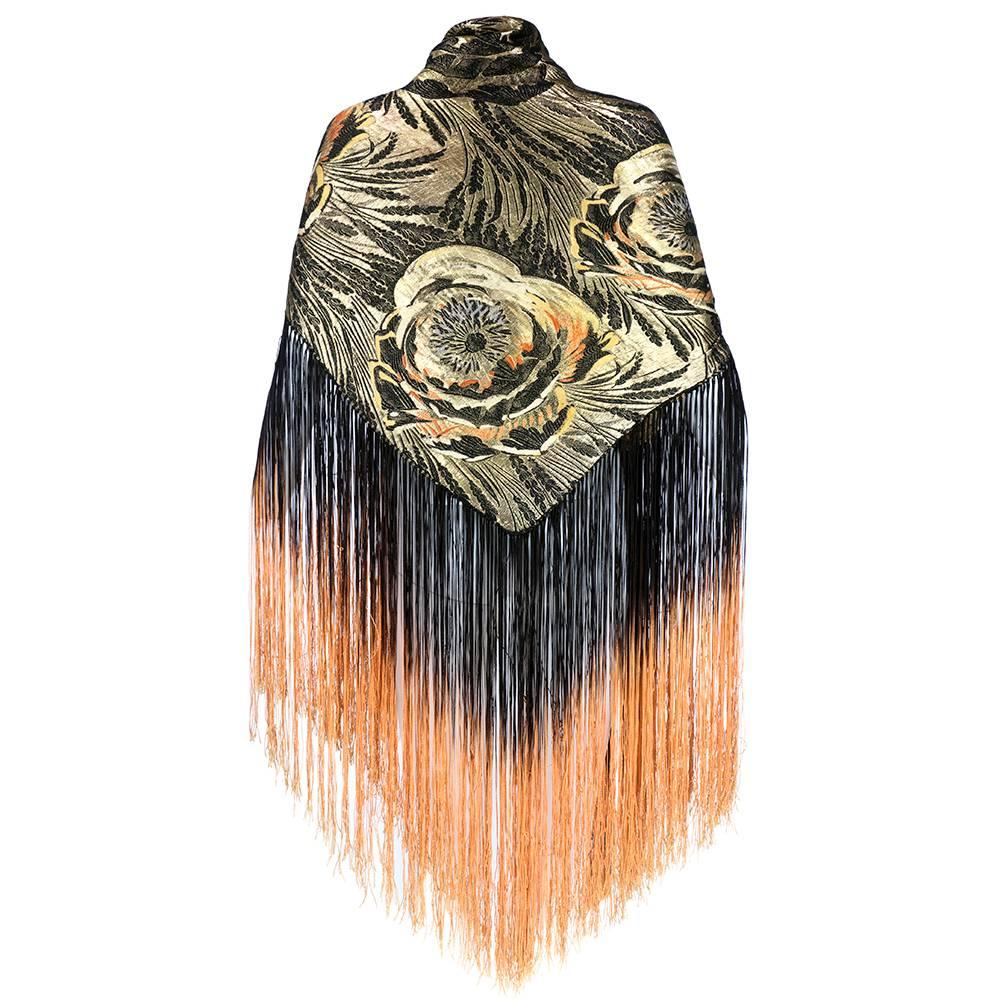 1920s Deco Floral Shawl with Ombré Fringe For Sale