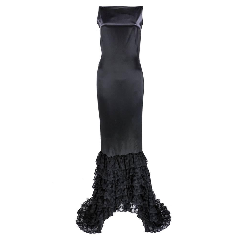 Alexander McQueen Black satin Gown with Ruffled Train For Sale