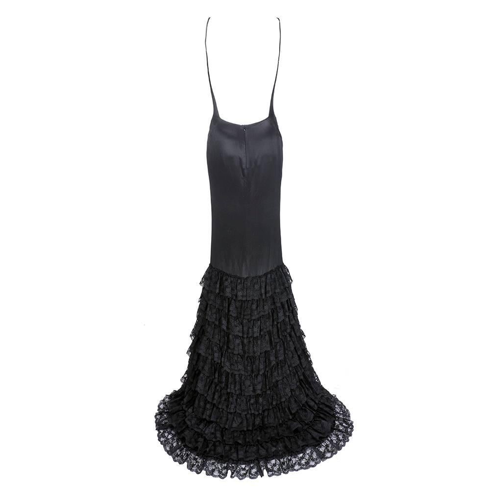 Alexander McQueen Black satin Gown with Ruffled Train In Excellent Condition For Sale In Los Angeles, CA