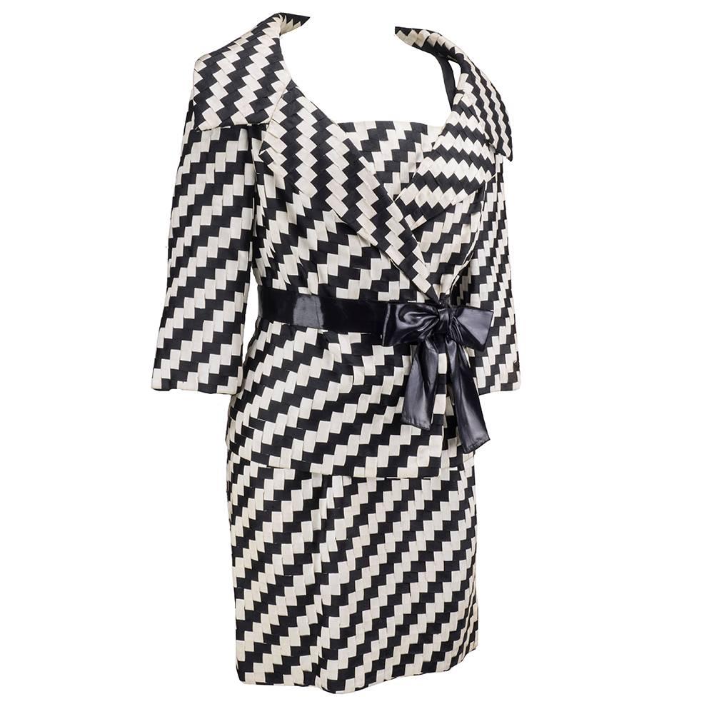 60s Roberto Capucci Black and White Woven Ribbon Ensemble In Good Condition For Sale In Los Angeles, CA
