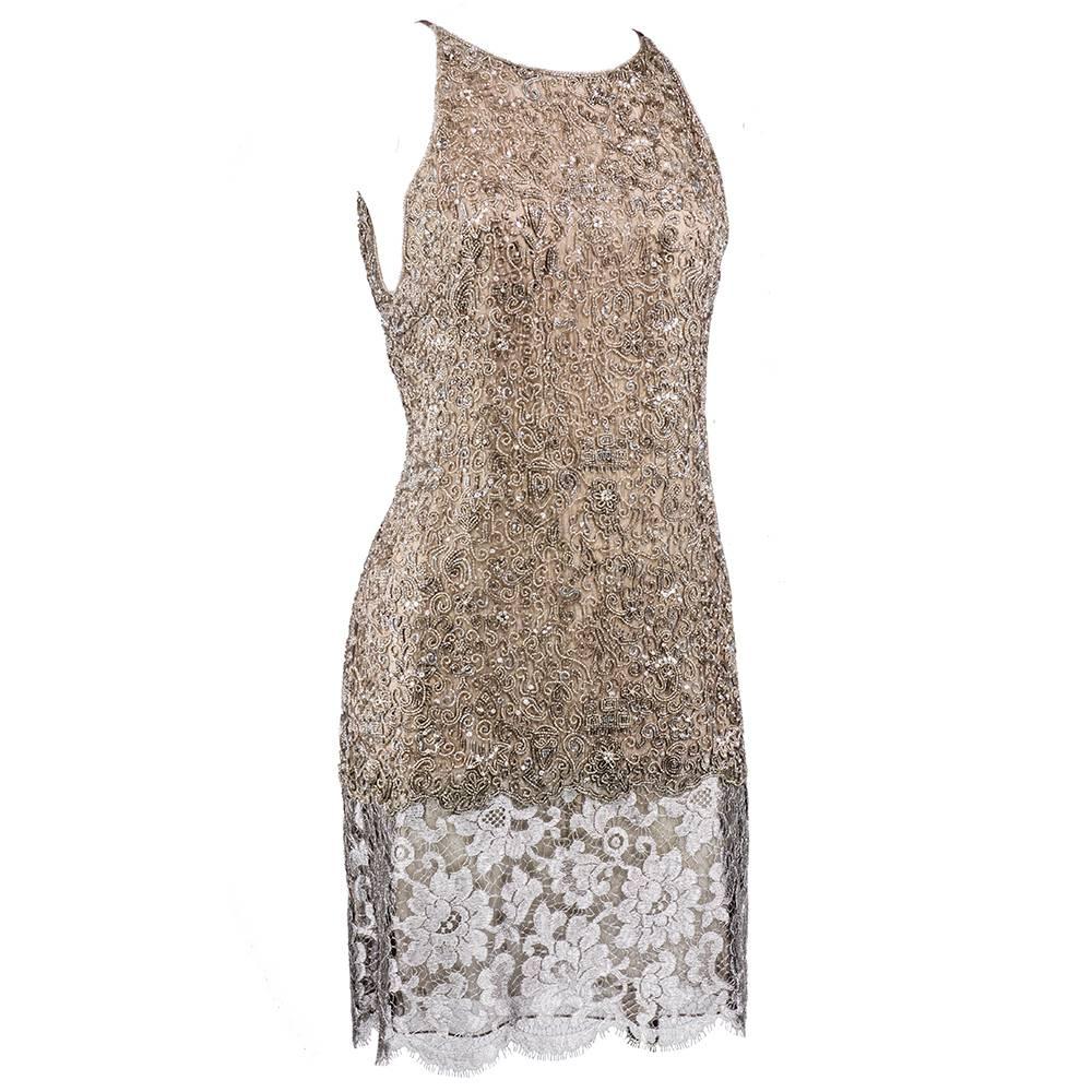 Genny Silver Metallic Embellished Lace Party Dress with Jacket, 1990s In Excellent Condition For Sale In Los Angeles, CA