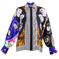 90s Gianni Versace Couture Silk Signature Print Oversized Blouse