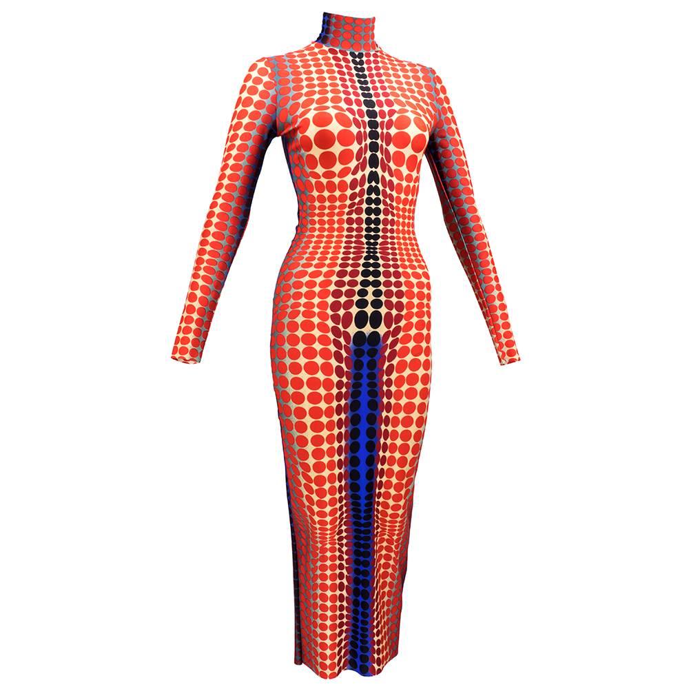 Dress by Jean Paul Gaultier in spectacular op art print.  From the "Cavalières et amazones des temps moderns" fall collection of 1995.  Rayon Jersey with high neck. Sizing slightly flexible due to size.