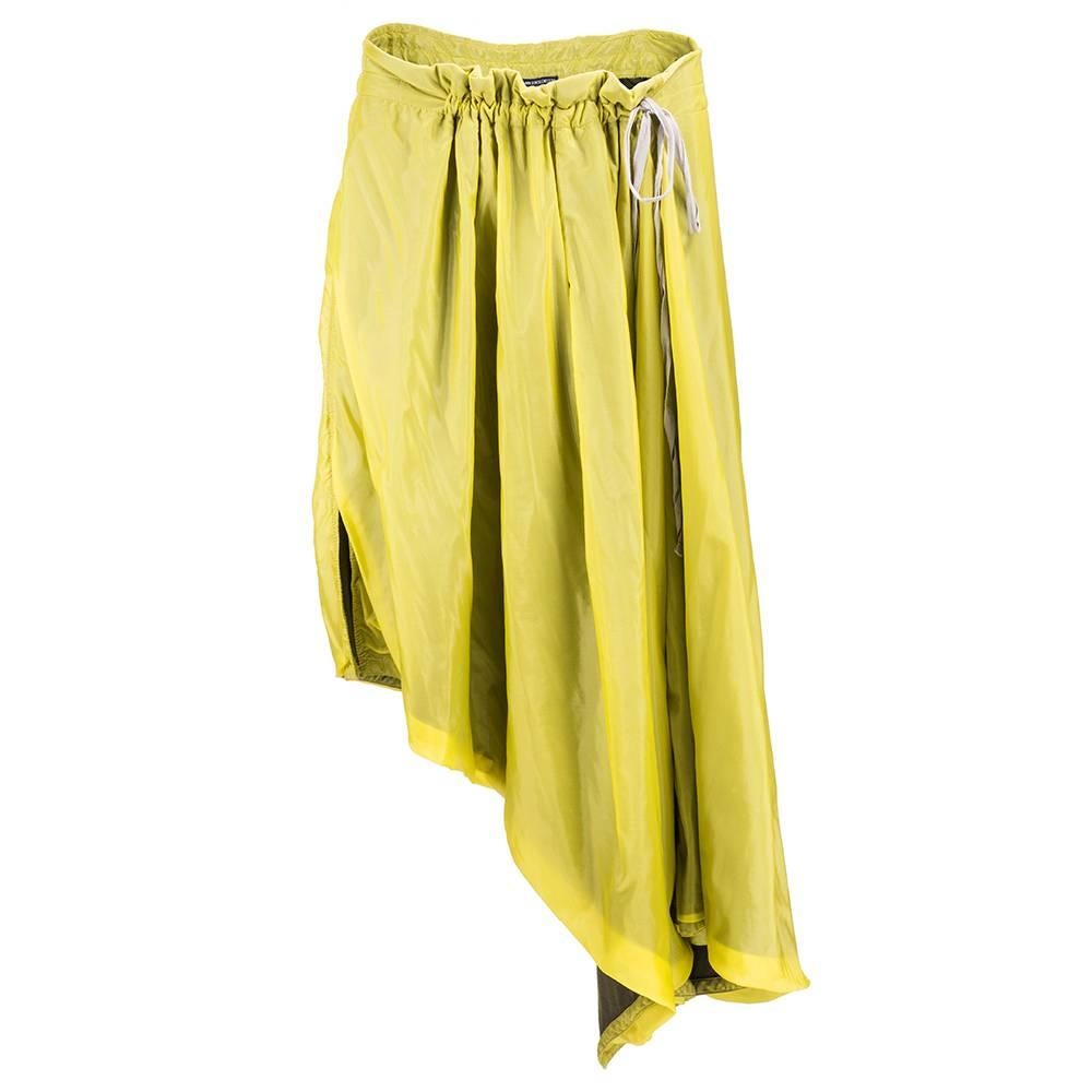 90s Demeulemeester Yellow and Olive Nylon and Jersey Drawstring Skirt For Sale