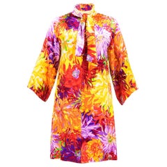 Vintage Ken Scott  60s Vibrant Satin Floral Print Tunic Dress