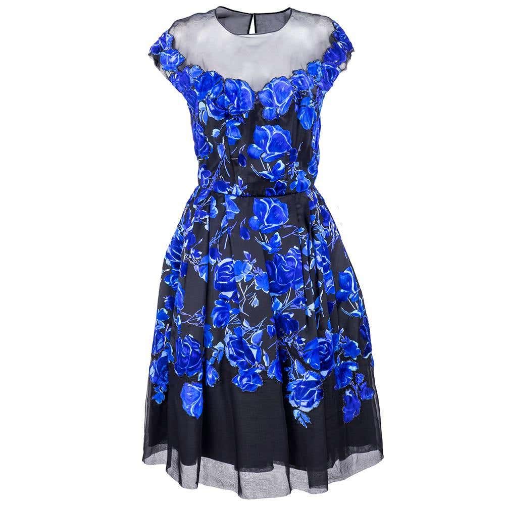 1950s Sherard Blue Floral Couture Cocktail Dress For Sale at 1stDibs