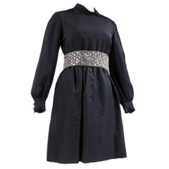 60s Hannah Troy Black Empire Waisted Rhinestone Embellished Cocktail Dress