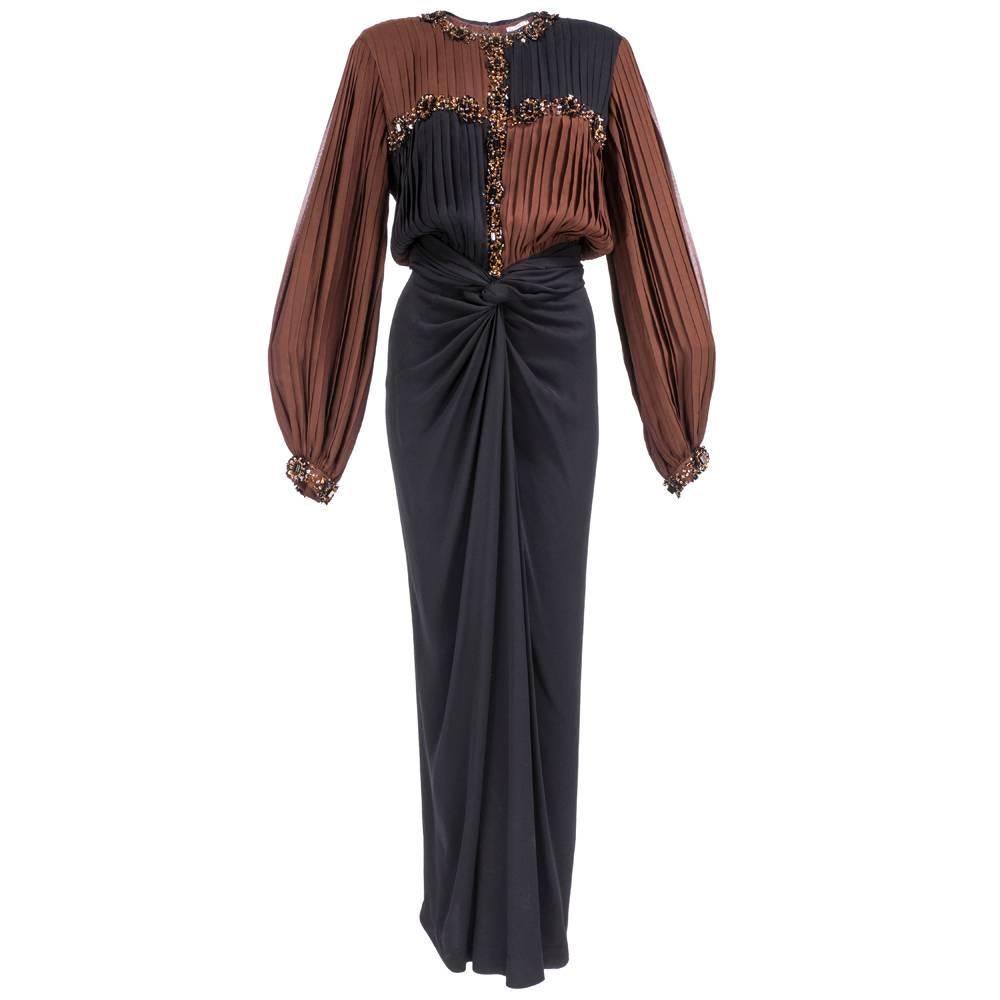 80s Galanos Attribution Embellished  Brown and Black Chiffon Gown For Sale