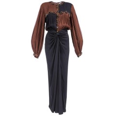 Retro 80s Galanos Attribution Embellished  Brown and Black Chiffon Gown