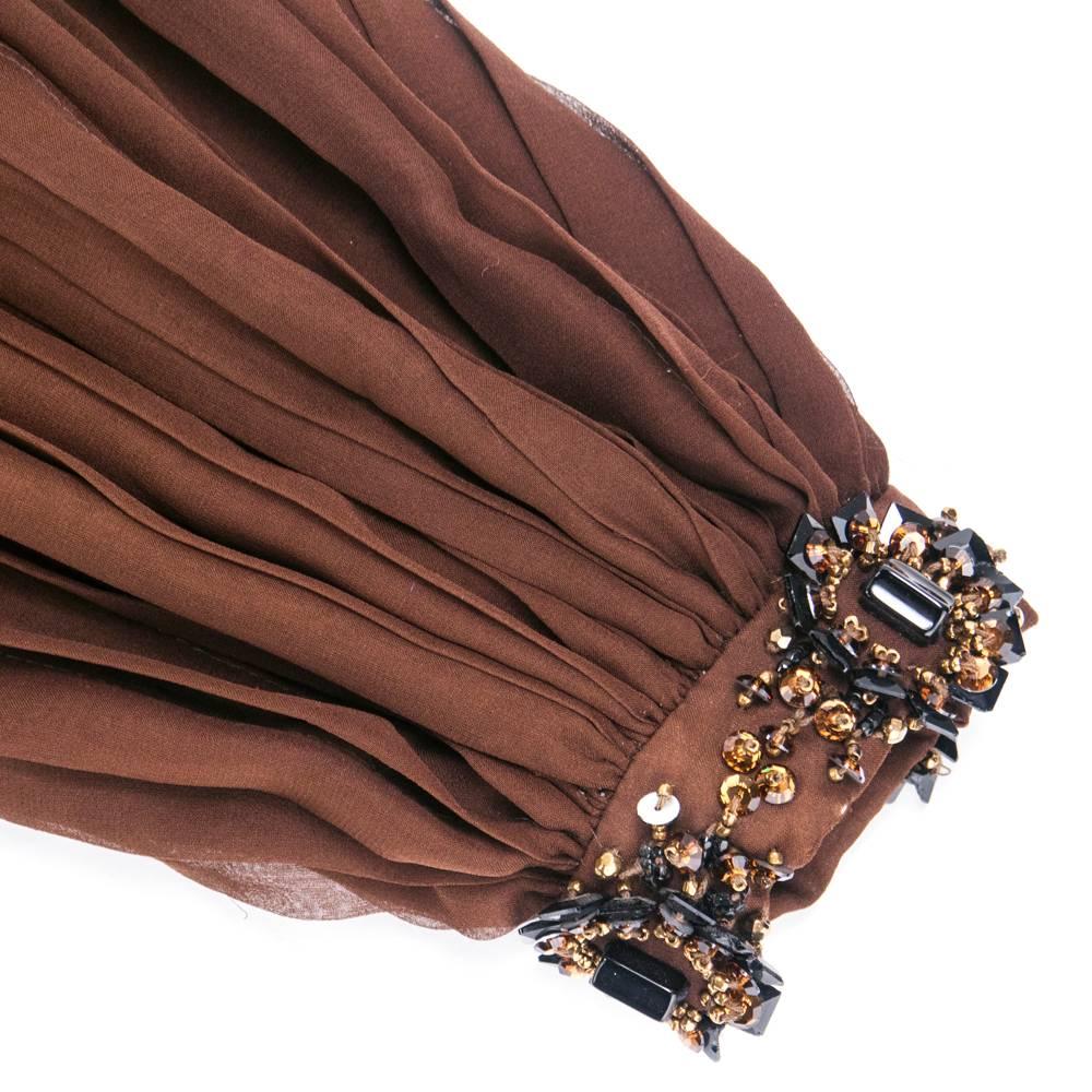 80s Galanos Attribution Embellished  Brown and Black Chiffon Gown For Sale 2