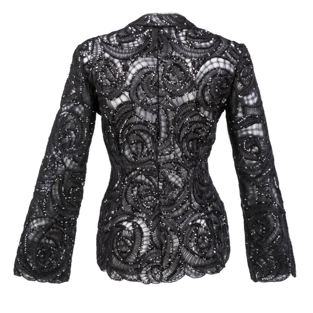 90s Giorgio Armani Black Shirred Tulle Jacket with Sequins In New Condition For Sale In Los Angeles, CA