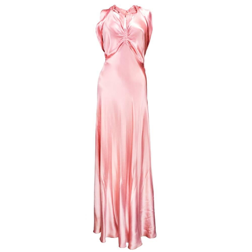 Heavenly 30s Art Deco Pink Slipper Satin Bias Cut Gown For Sale