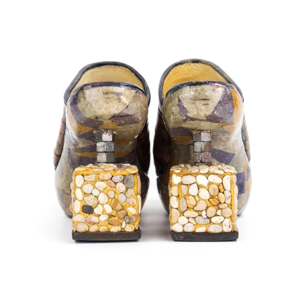 Artisanal shoes made circa 2000s, Multi-media - in leather, stone, polymer, metal and decoupage. A work of art you can wear or display. Signed Joseph Debach- made in Rome.